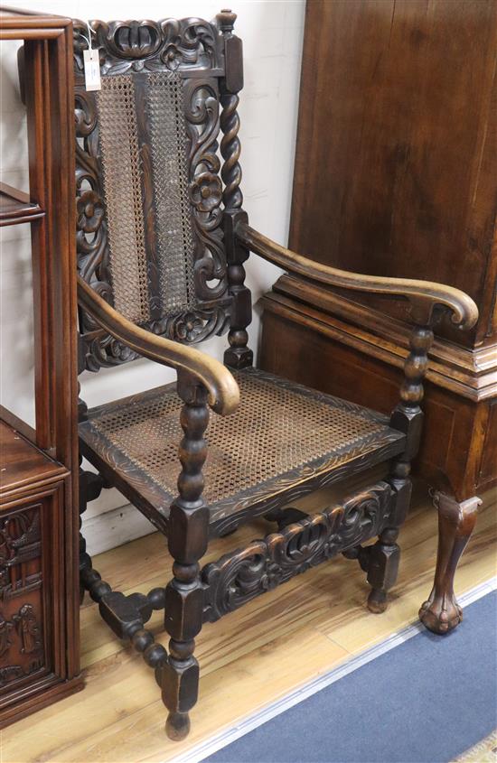 A pair of Carolean caned oak armchairs